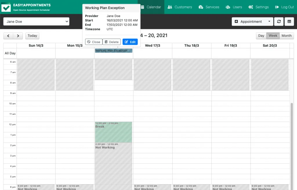 Working plan exceptions in calendar 1024x657