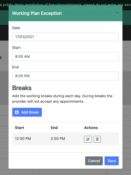 Working plan exceptions modal