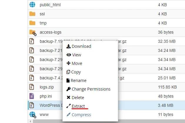Cpanel file manager extract screenshot