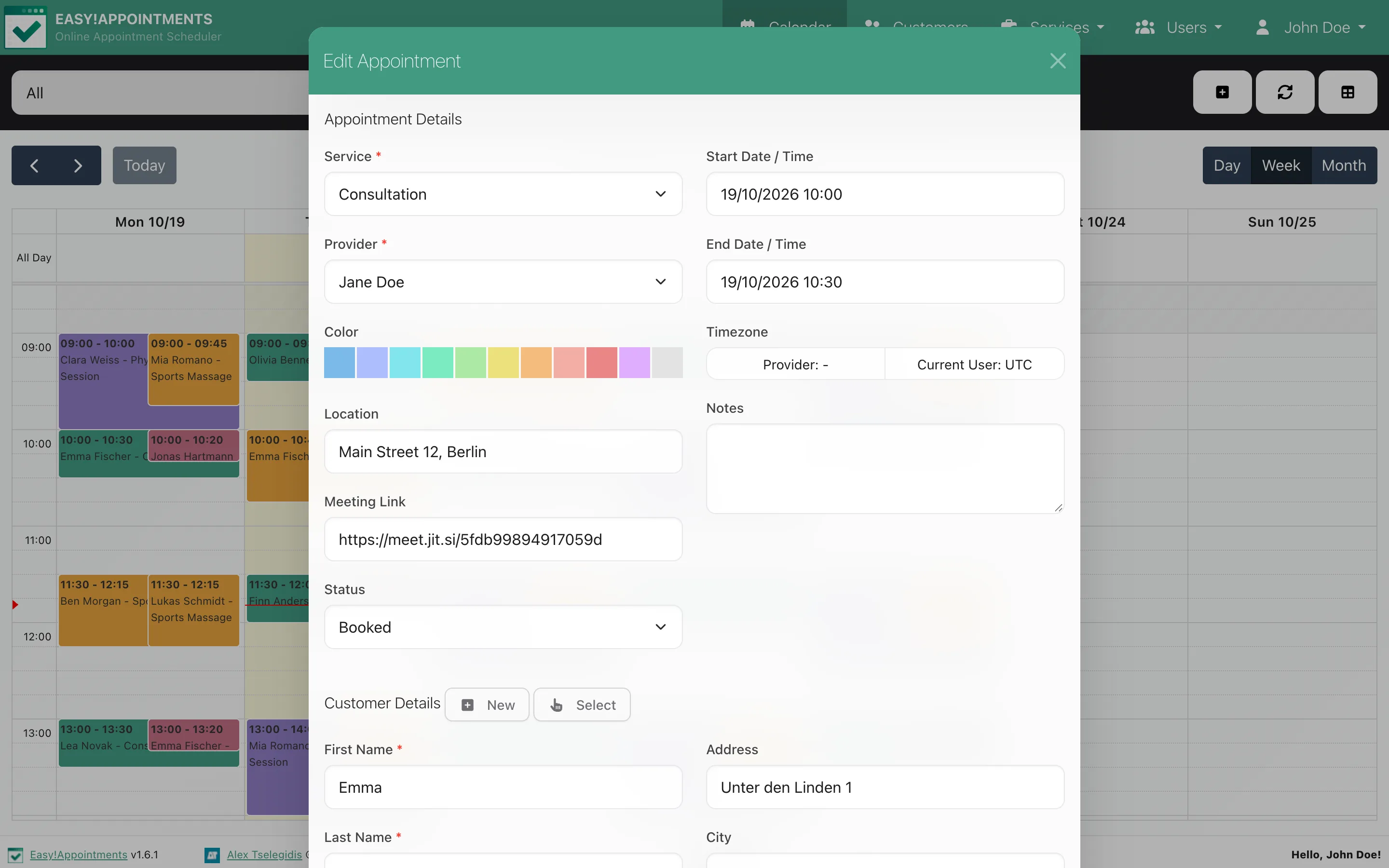 The appointment editor open over the calendar, with service, provider, times and a meeting link