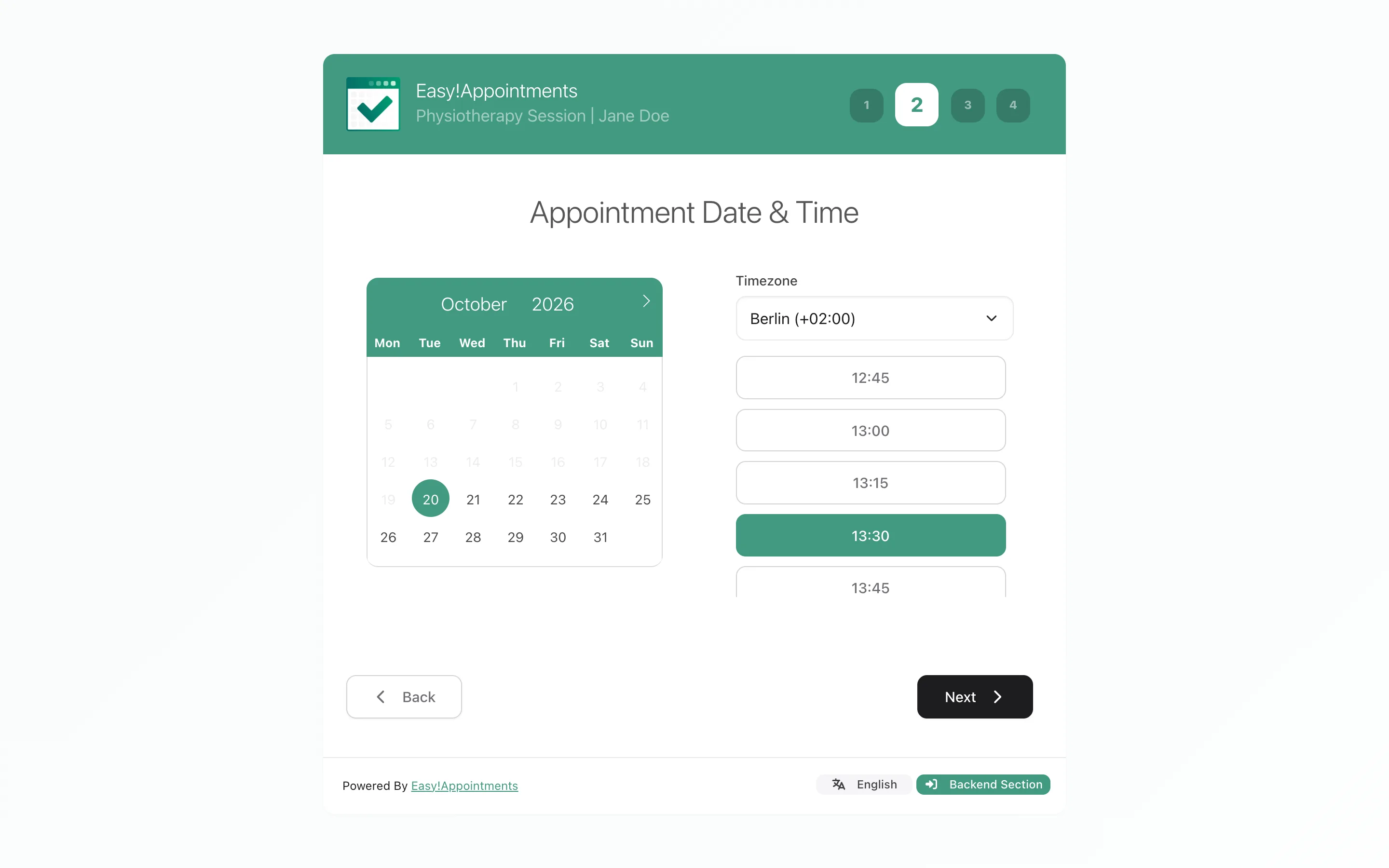 The Easy!Appointments booking page on the date and time step, as it appears inside a WordPress page