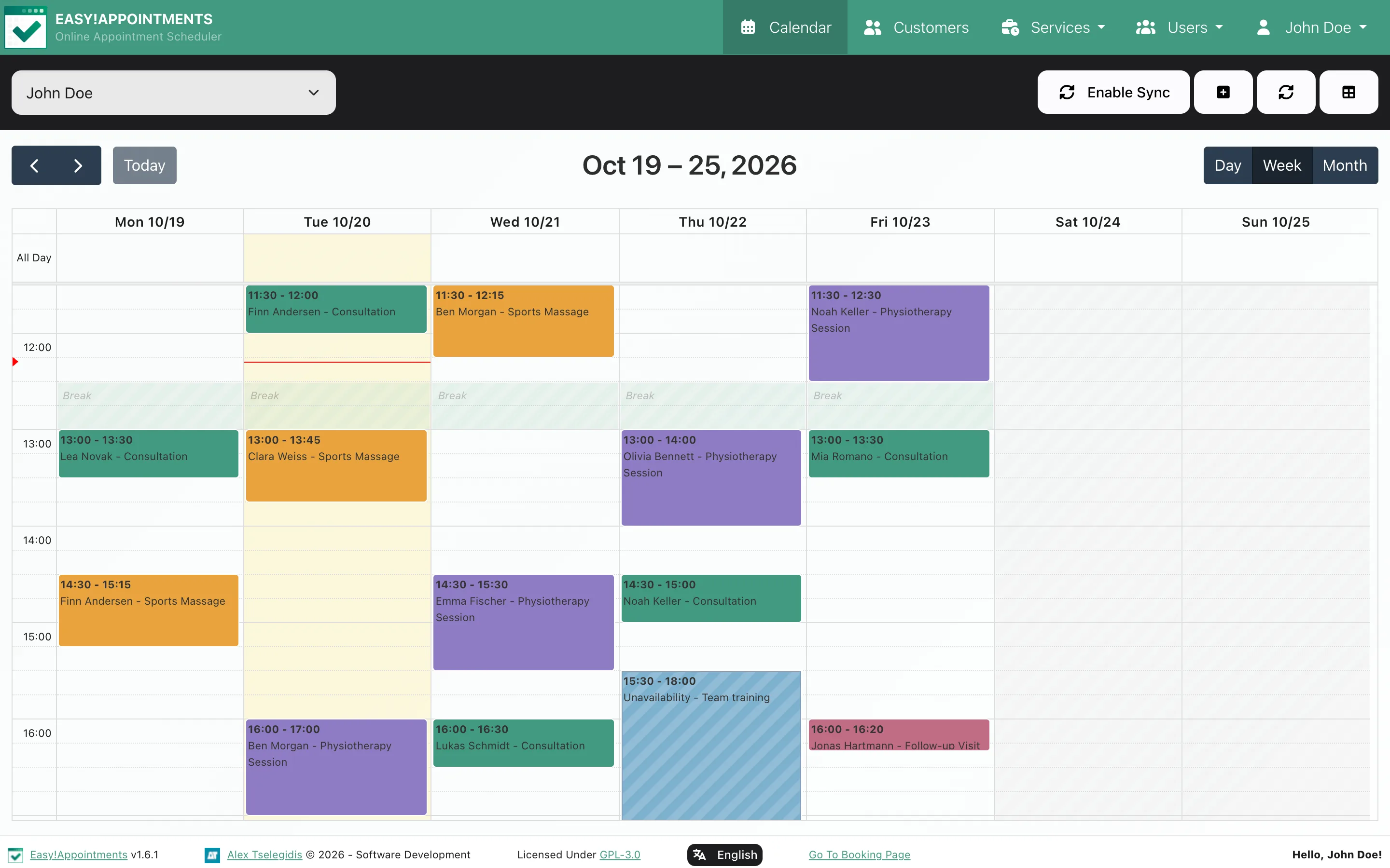 One provider's week with shaded lunch breaks, weekends off and a blocked Team training afternoon