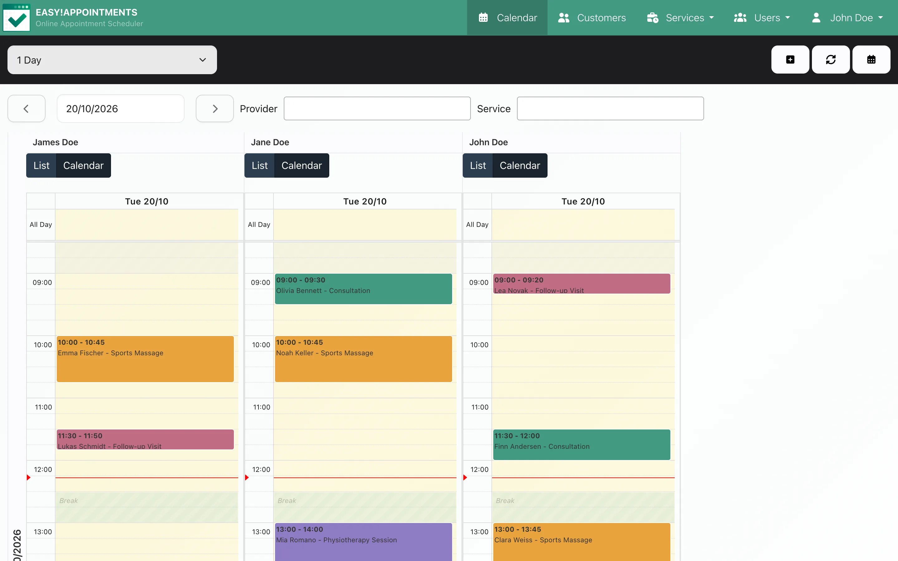 The calendar table view: three providers' days side by side, with their lunch breaks shaded