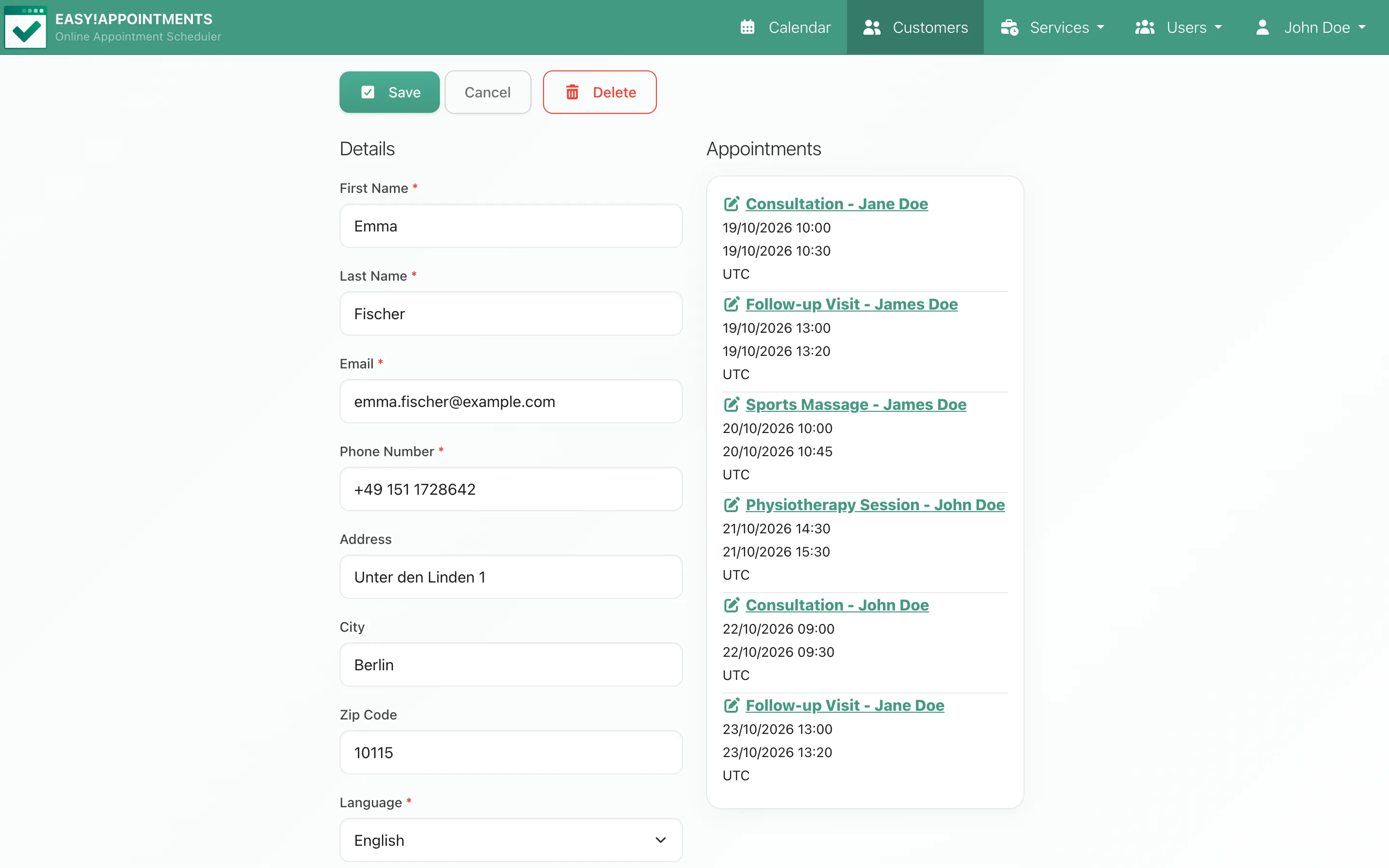 A customer record with contact details and their appointments