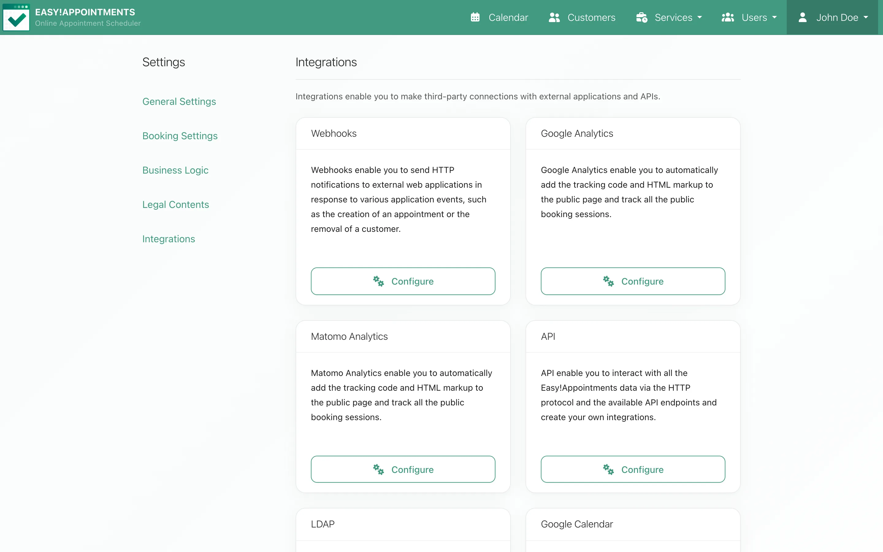 Settings, Integrations: cards for Webhooks, Google Analytics, Matomo Analytics, API, LDAP and Google Calendar, each with a Configure button